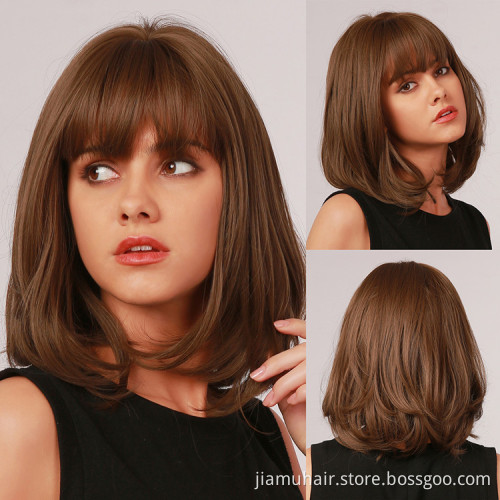 Short Bobo Wig  Brown Synthetic Wigs with Bangs Cosplay Natural Daily Hair